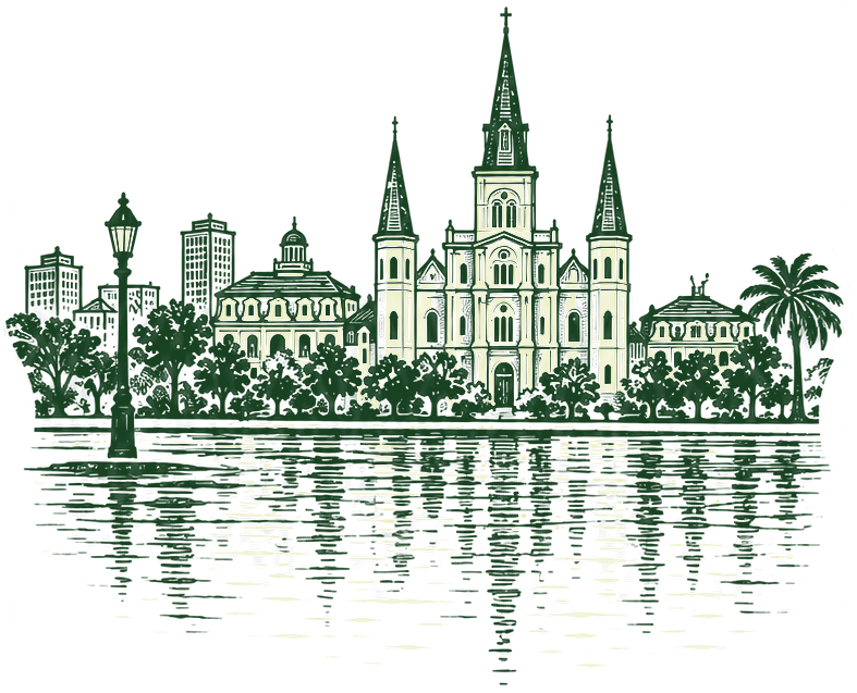 Vintage green illustration of New Orleans architecture, trees and waterfront reflections